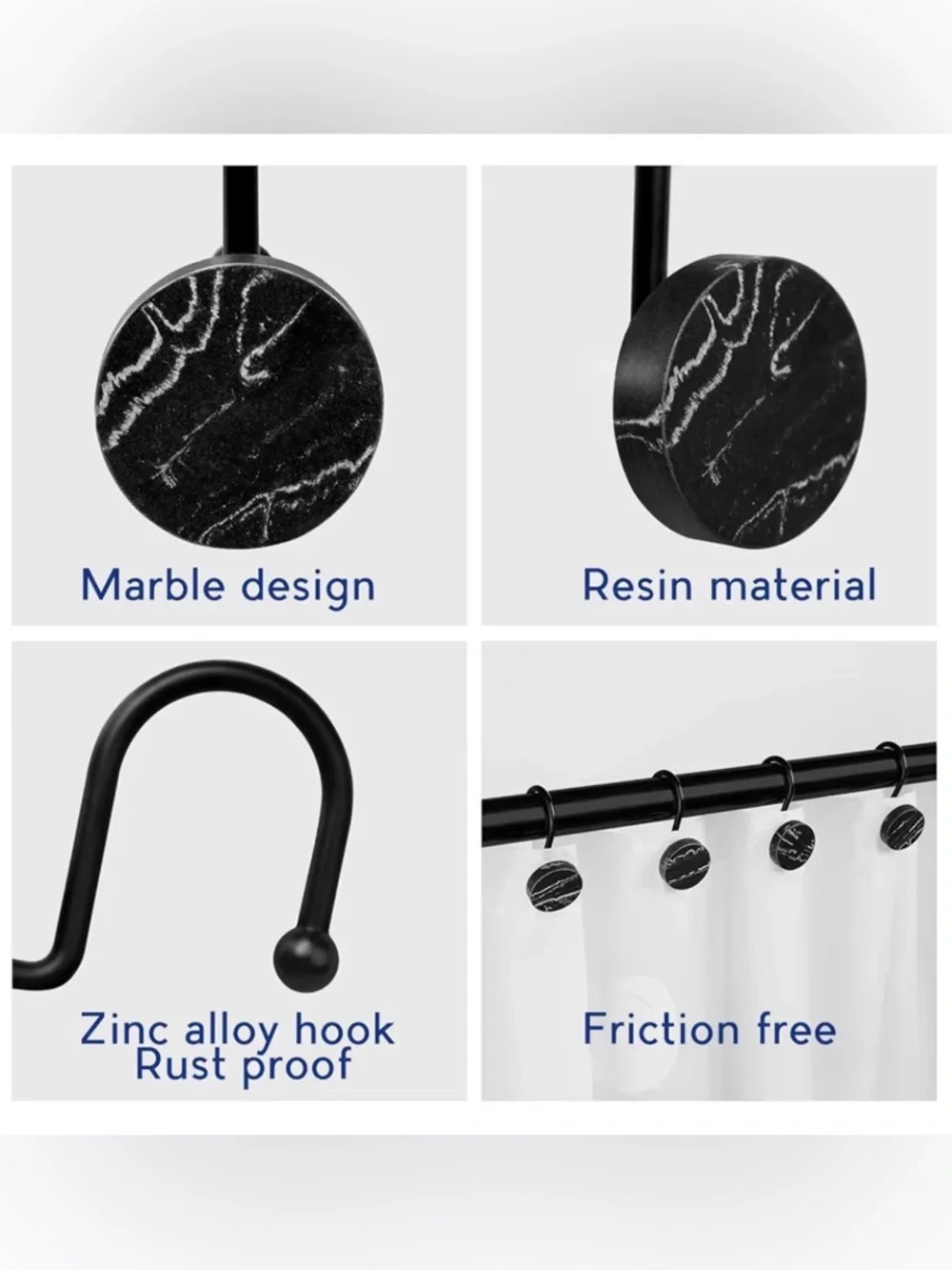 Shower Curtain Hooks- Black Marble Look- Set of 12